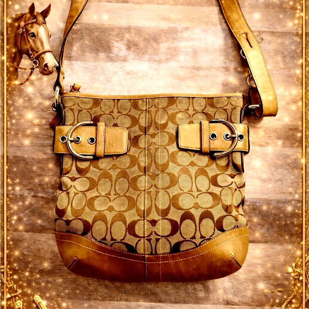 Classic Coach Brown Signature Shoulder Bag with Buckles